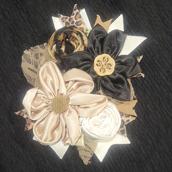 Hand Crafted Accessories - Flower Broach Pin Leopard Black Tan Colors
